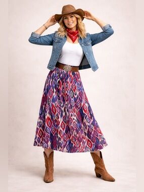 Faded Glory Boho Ikat Print Midi Skirt 1X 16W Red Blue Stretch Pull On Casual